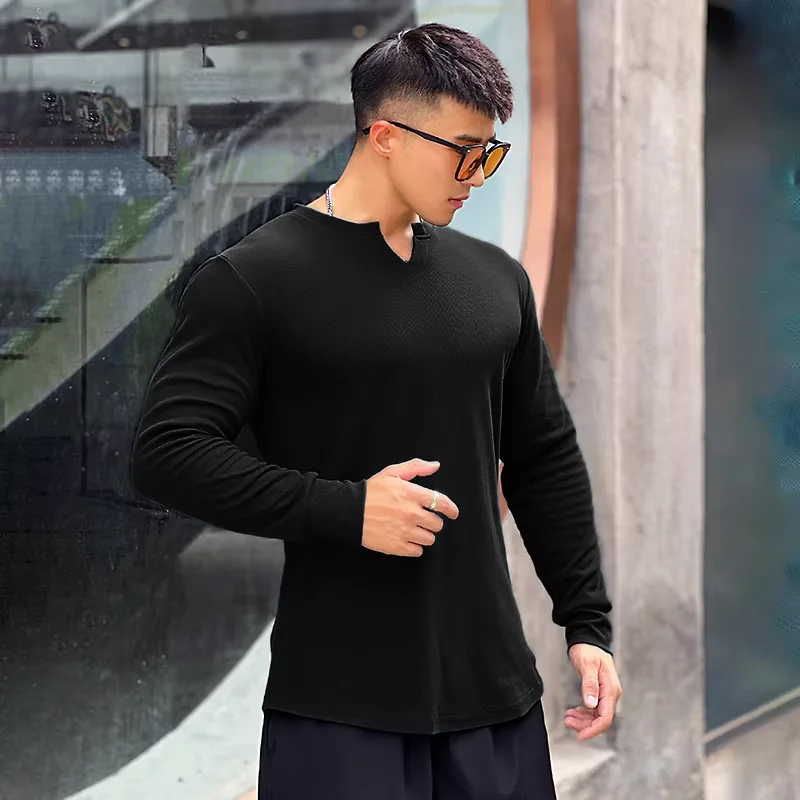 Men's Fashion Fitness Sports Long Sleeve T-Shirt Retro Outdoor Home V-Neck Spring Summer Gym Fitted Clothing