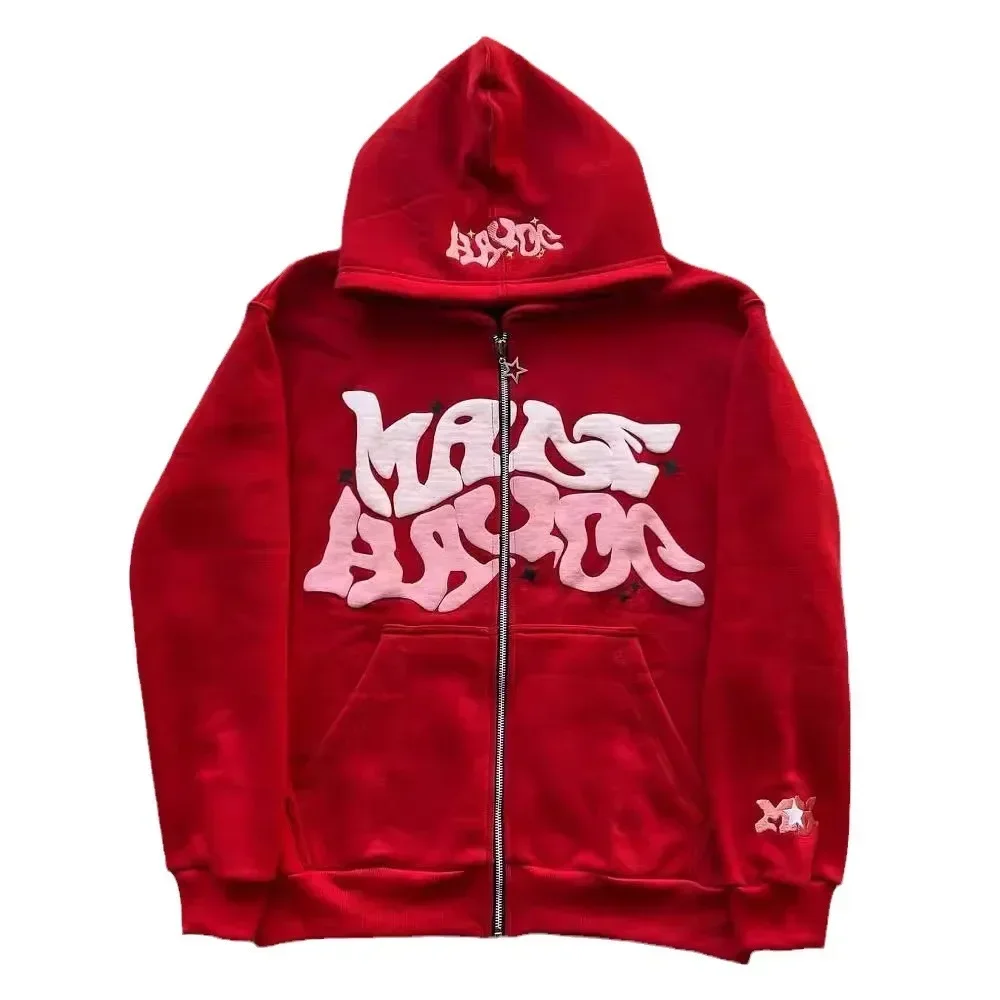 Men's Retro American Letter Zipper Printed Hooded Sweatshirt, Unisex Autumn and Winter Open Cardigan