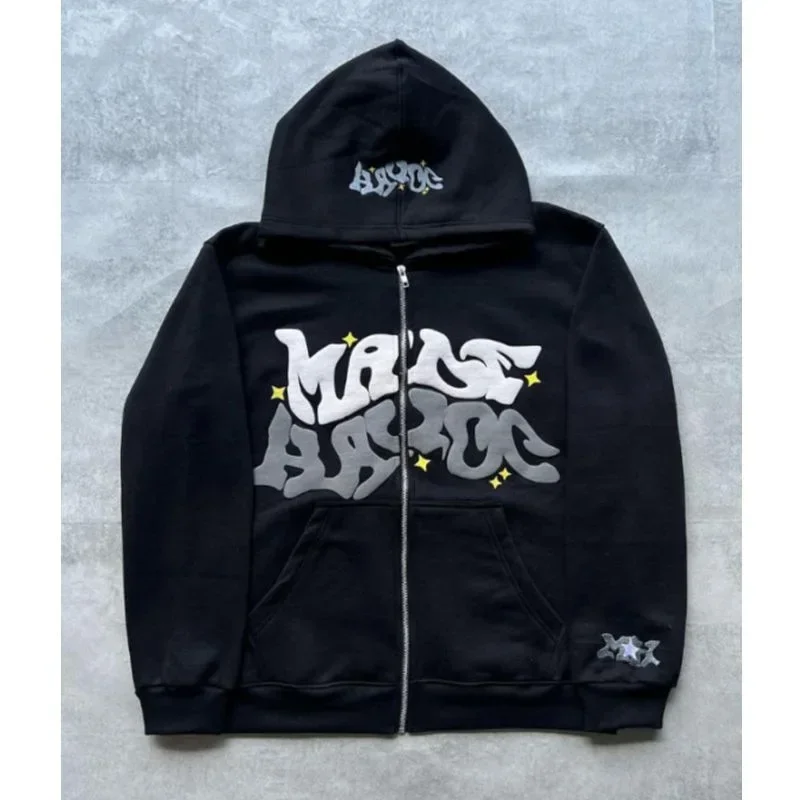 Men's Retro American Letter Zipper Printed Hooded Sweatshirt, Unisex Autumn and Winter Open Cardigan