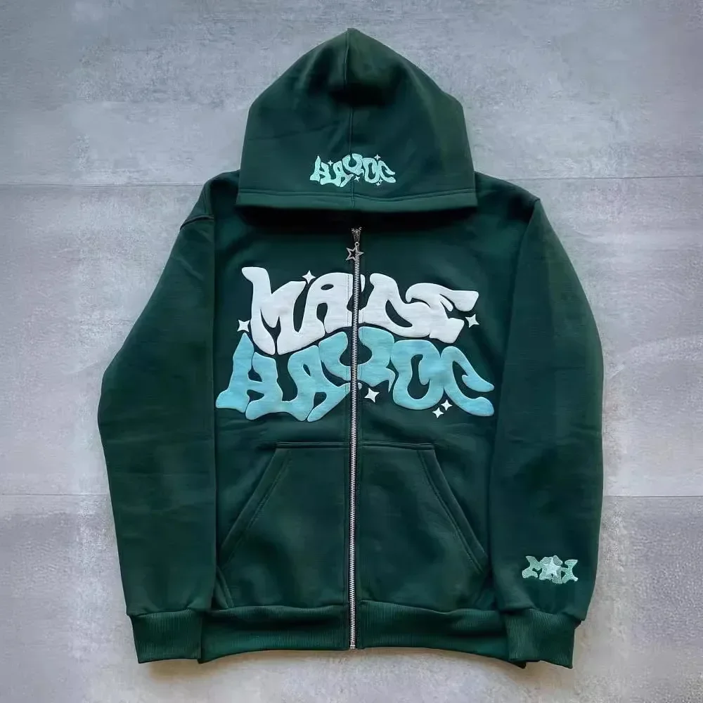 Men's Retro American Letter Zipper Printed Hooded Sweatshirt, Unisex Autumn and Winter Open Cardigan