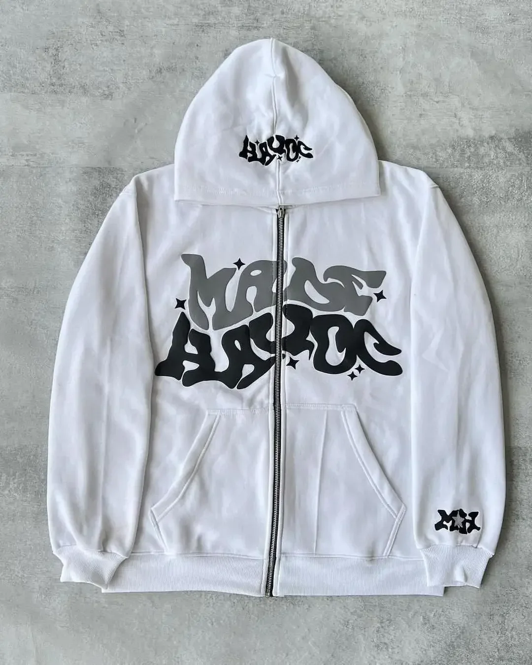 Men's Retro American Letter Zipper Printed Hooded Sweatshirt, Unisex Autumn and Winter Open Cardigan
