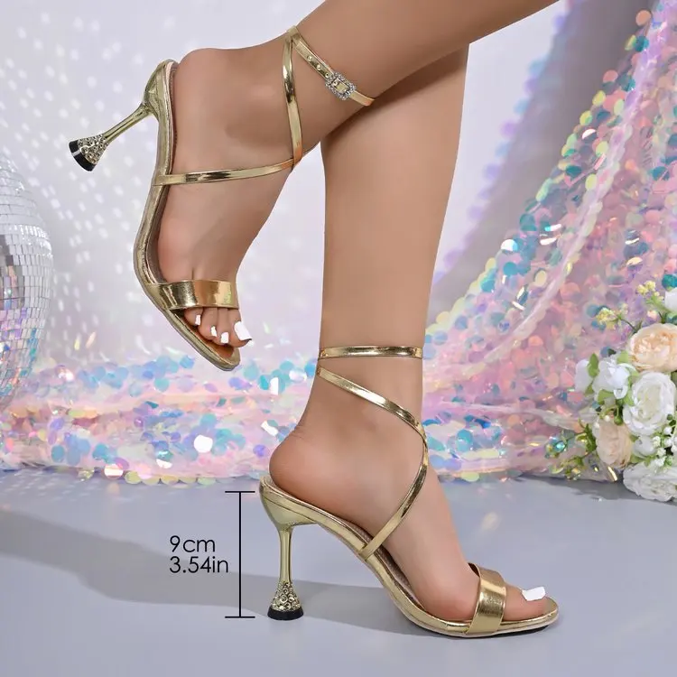 Women's Metallic Lace Up Stiletto Sandals Rhinestone Decor Ankle Wrap Party Dress Shoes High Heels Wedding Footwear