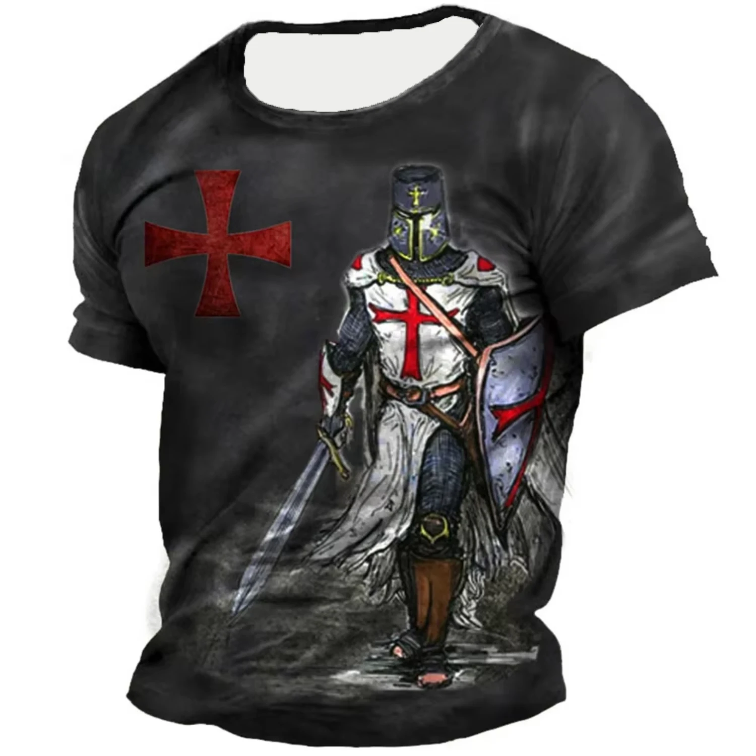 Men Summer T Shirt Knights Templar Warrior 3D Print Tee Casual Short Sleeve Crew Neck Top Fashion Vintage Street Wear