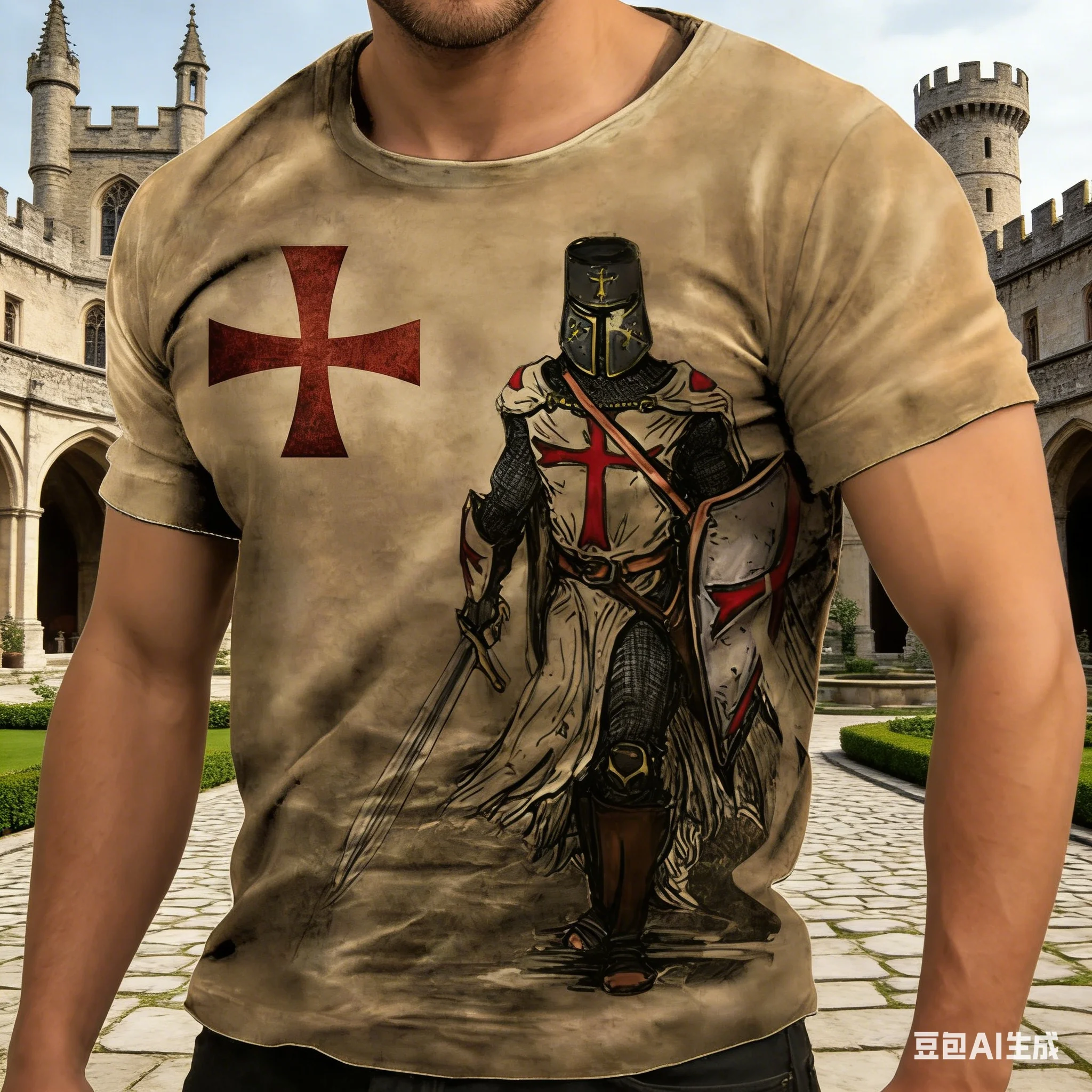 Men Summer T Shirt Knights Templar Warrior 3D Print Tee Casual Short Sleeve Crew Neck Top Fashion Vintage Street Wear