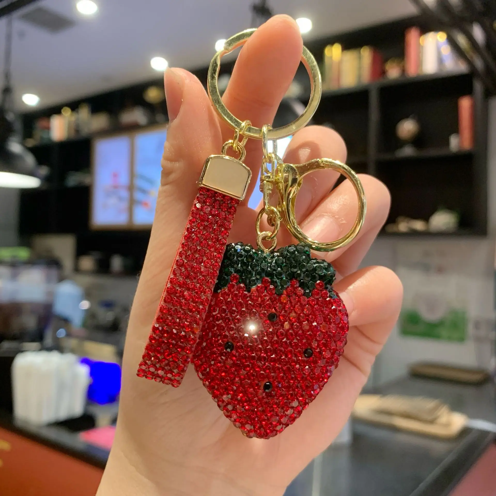 Creative Clay Strawberry Keychain - Double-Sided Full Rhinestone Charm, Simple & Sweet Bag Accessory for Girls
