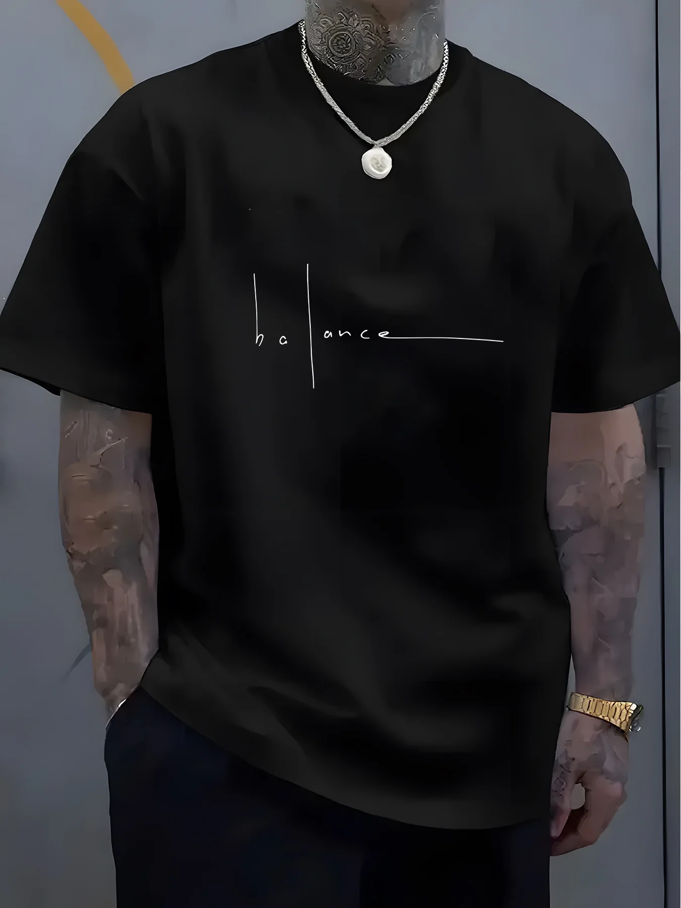 Men's Printed T-Shirt - 100% Cotton Letter Pattern - Fashionable, Casual, Sports Fit, Loose-Looking Trendy T-Shirt