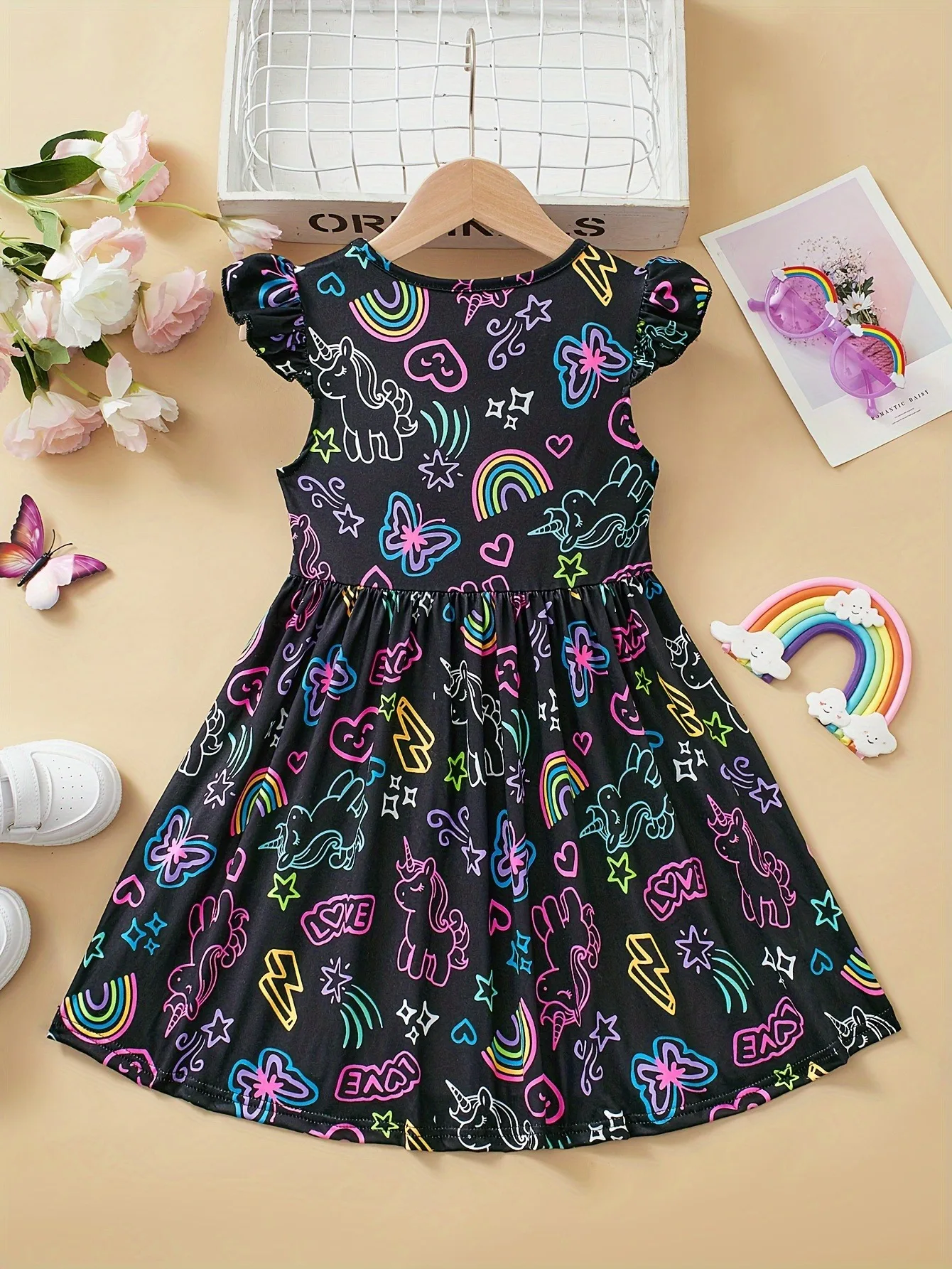 Cute Girls Luminous Dress Black Neon Unicorn Rainbow Print Skirt Kids Casual Daily Wear Glow Party Outfit