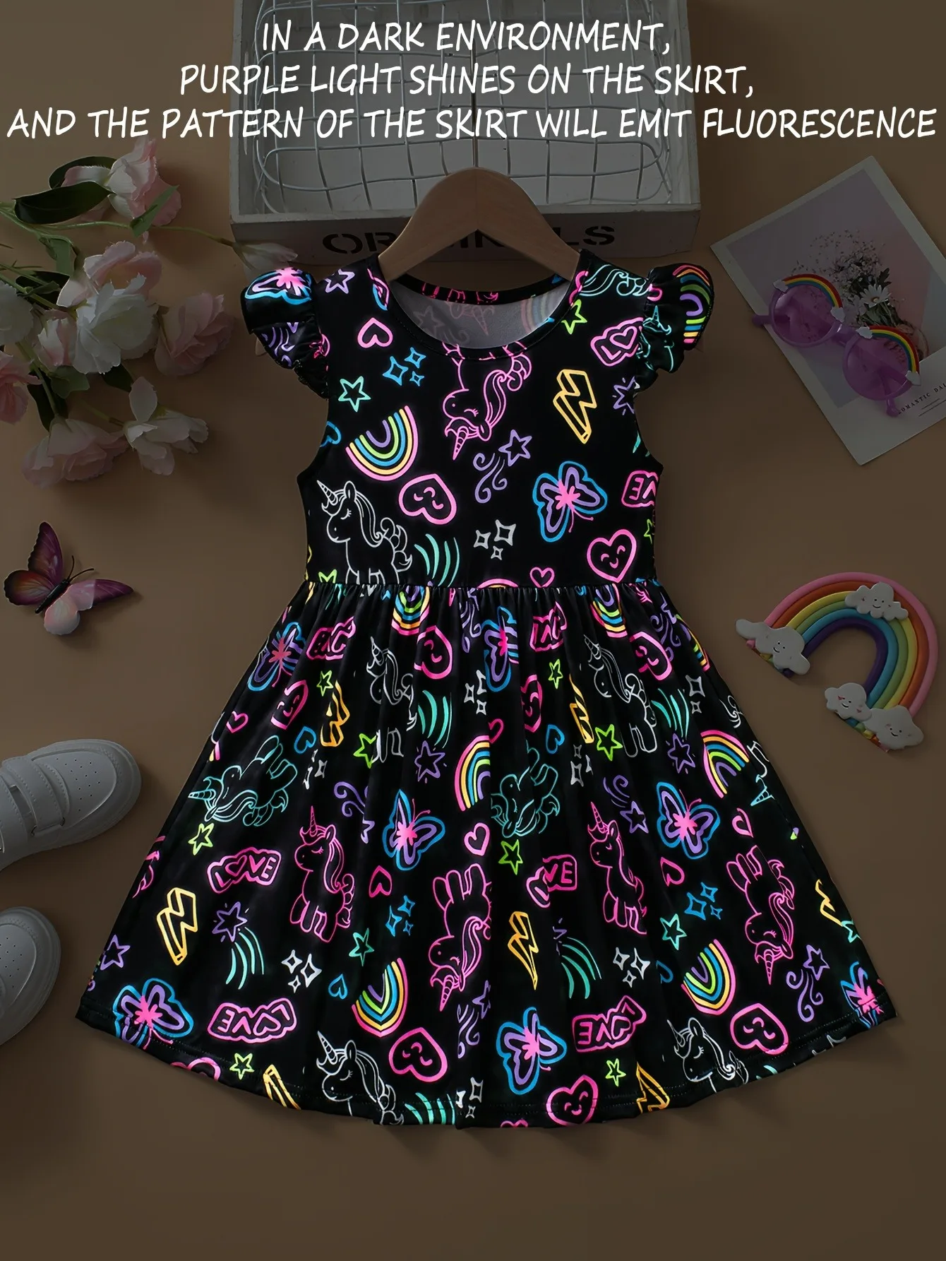 Cute Girls Luminous Dress Black Neon Unicorn Rainbow Print Skirt Kids Casual Daily Wear Glow Party Outfit