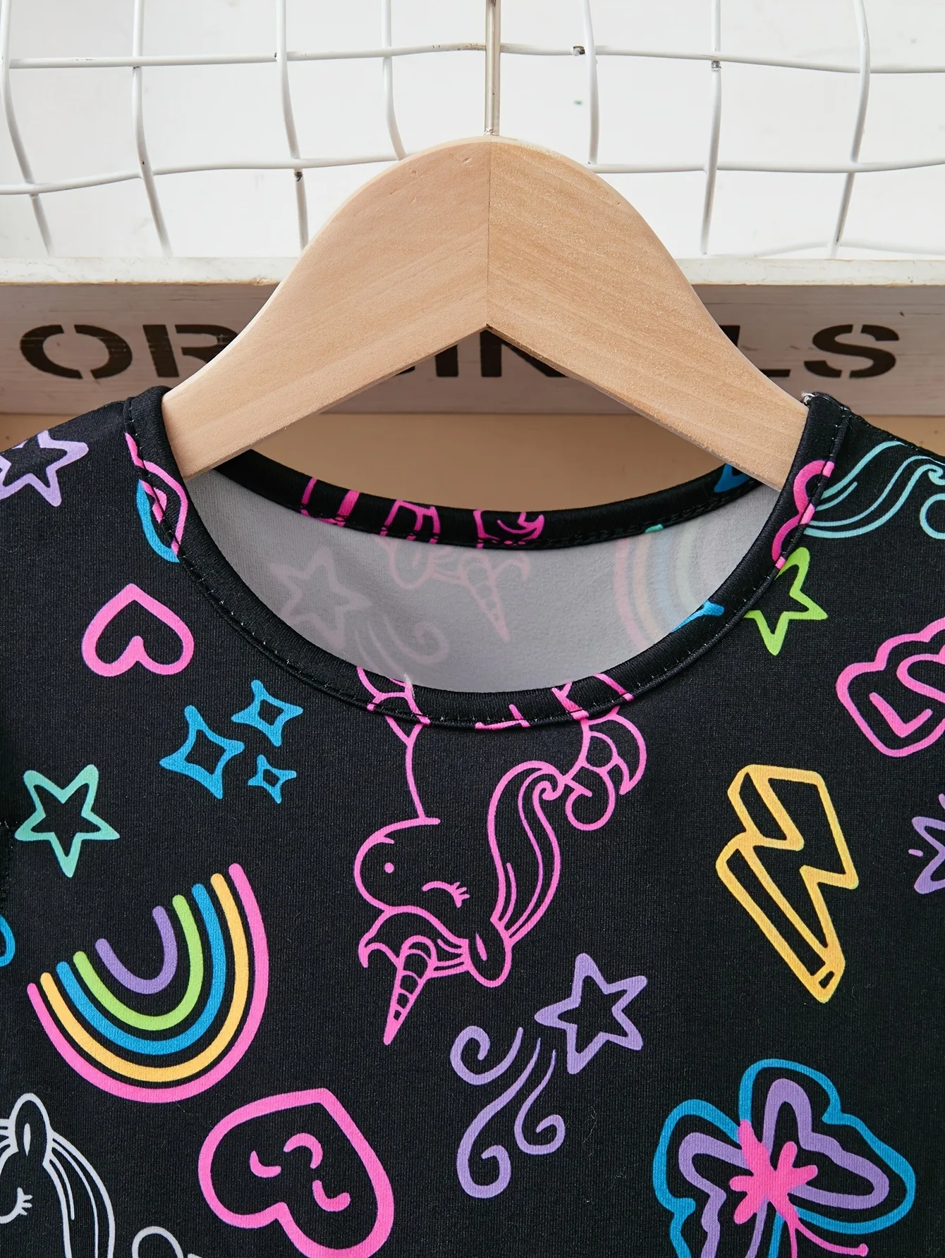 Cute Girls Luminous Dress Black Neon Unicorn Rainbow Print Skirt Kids Casual Daily Wear Glow Party Outfit