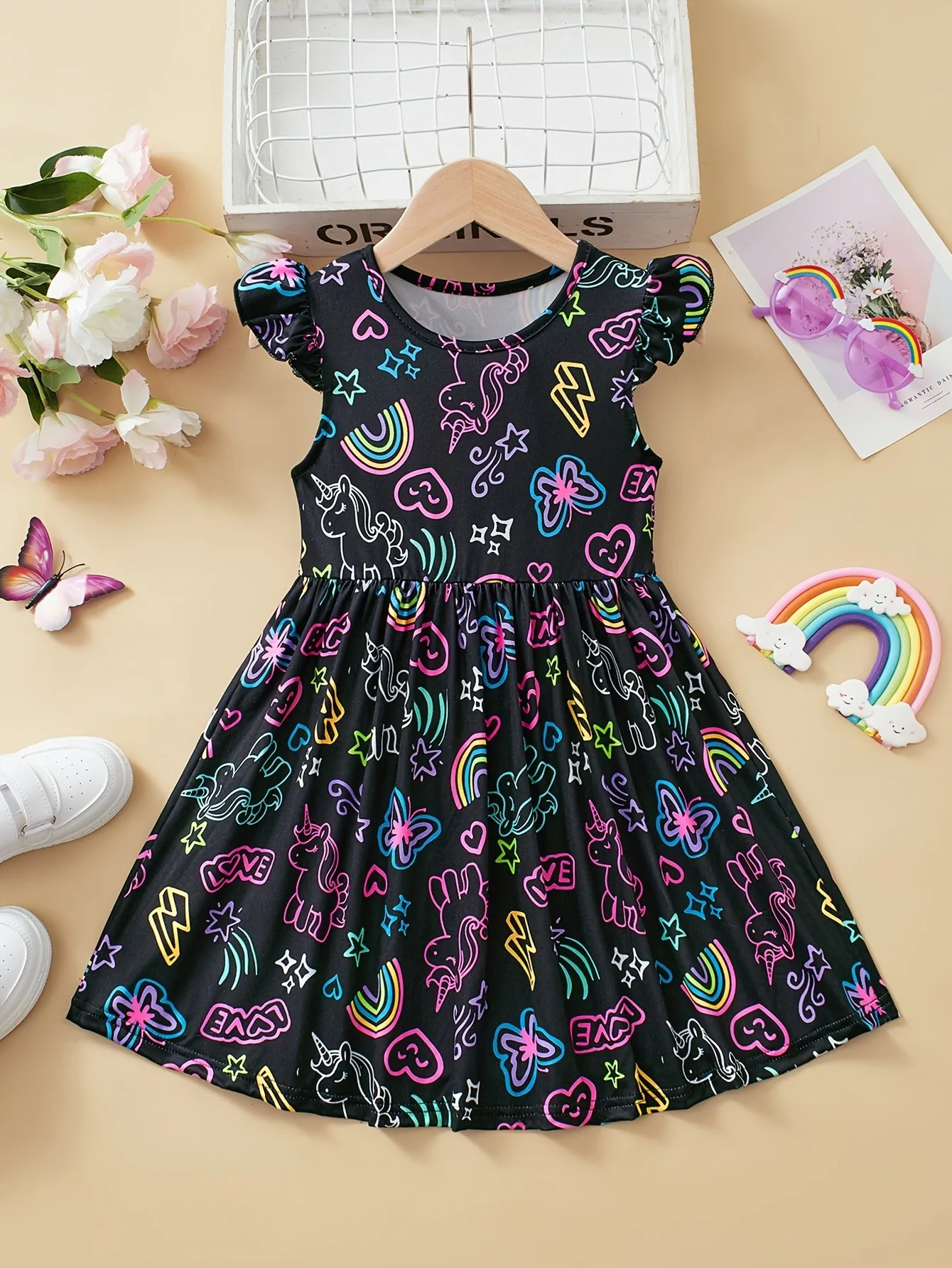Cute Girls Luminous Dress Black Neon Unicorn Rainbow Print Skirt Kids Casual Daily Wear Glow Party Outfit