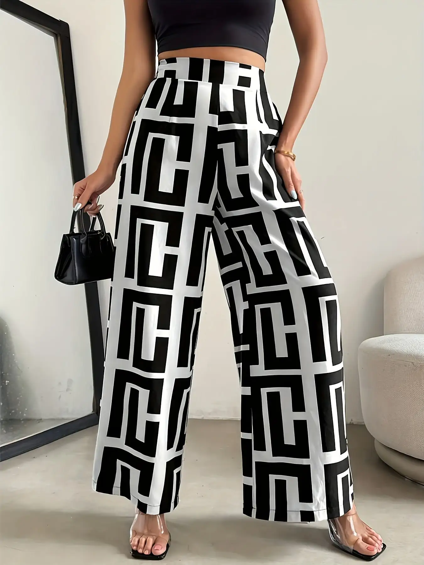 2026 Casual and Elegant Bohemian Style Wide Leg Elastic Waist Dual Color Checkered Printed Loose Pants Wide Leg Pants