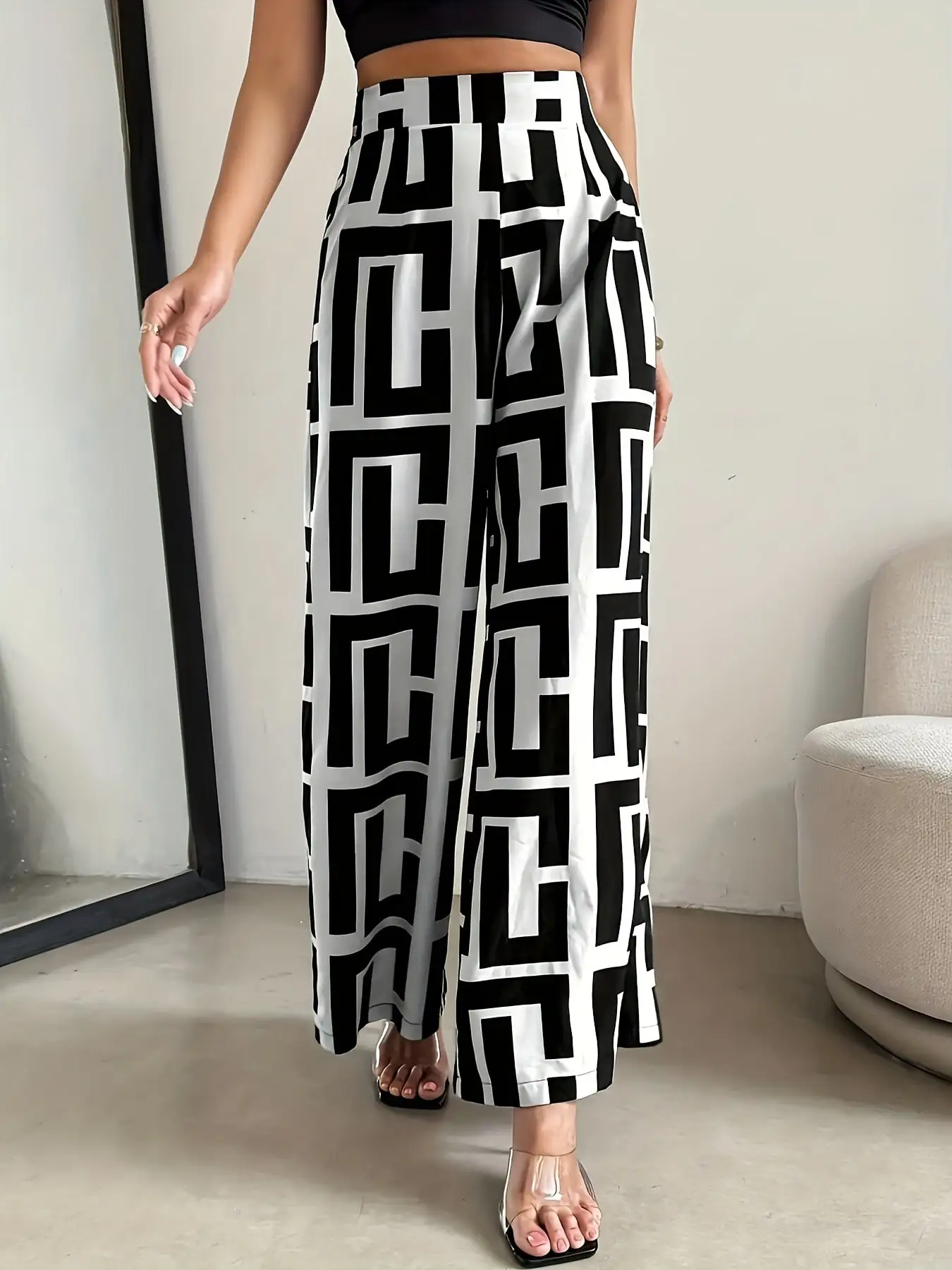2026 Casual and Elegant Bohemian Style Wide Leg Elastic Waist Dual Color Checkered Printed Loose Pants Wide Leg Pants