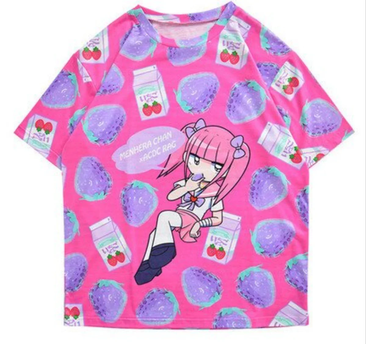 Harajuku-style Sweet and Spicy Mix To Wear Happiness! Loose Y2K 3D Printed Color-block T-shirt for Anime Girls