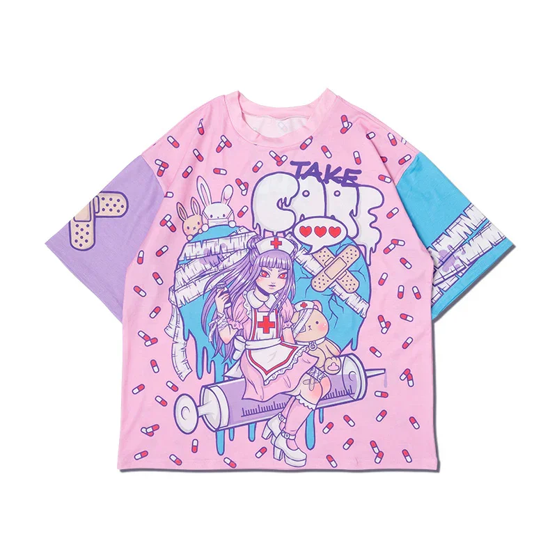 Harajuku-style Sweet and Spicy Mix To Wear Happiness! Loose Y2K 3D Printed Color-block T-shirt for Anime Girls