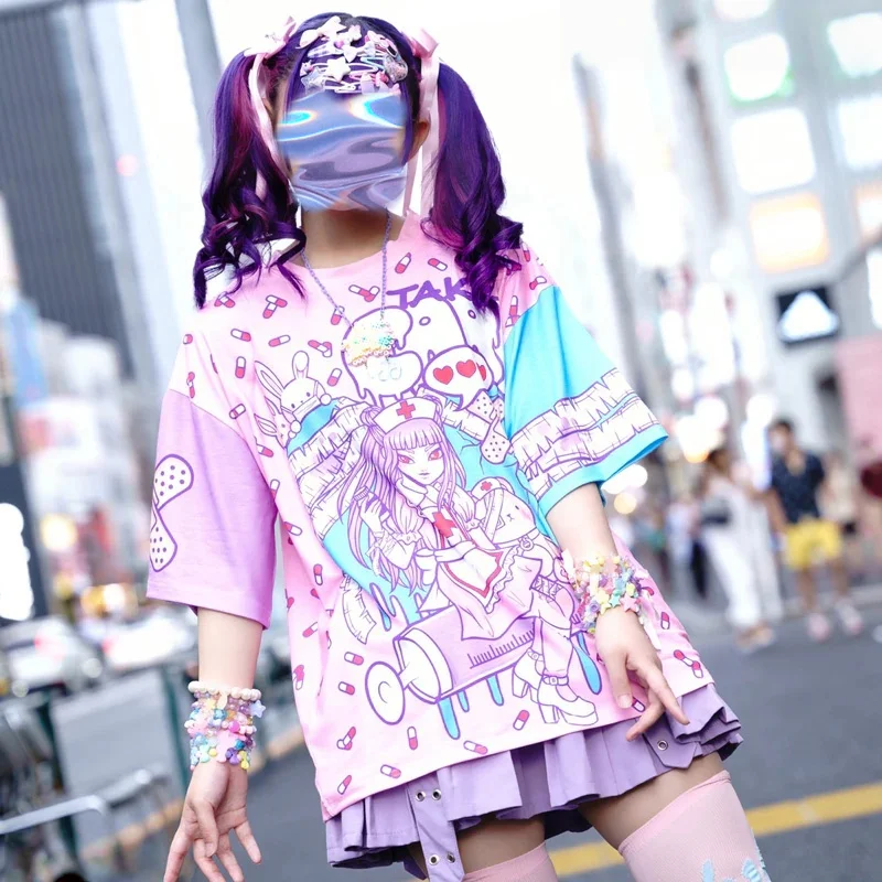 Harajuku-style Sweet and Spicy Mix To Wear Happiness! Loose Y2K 3D Printed Color-block T-shirt for Anime Girls