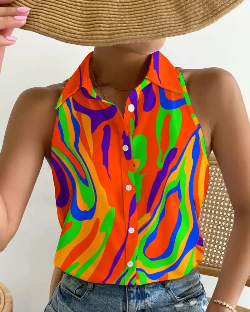 Women Sleeveless Halter Neck Button Down Blouse With Vibrant Swirl Abstract Print Perfect For Summer Beach Vacations Casual Outi