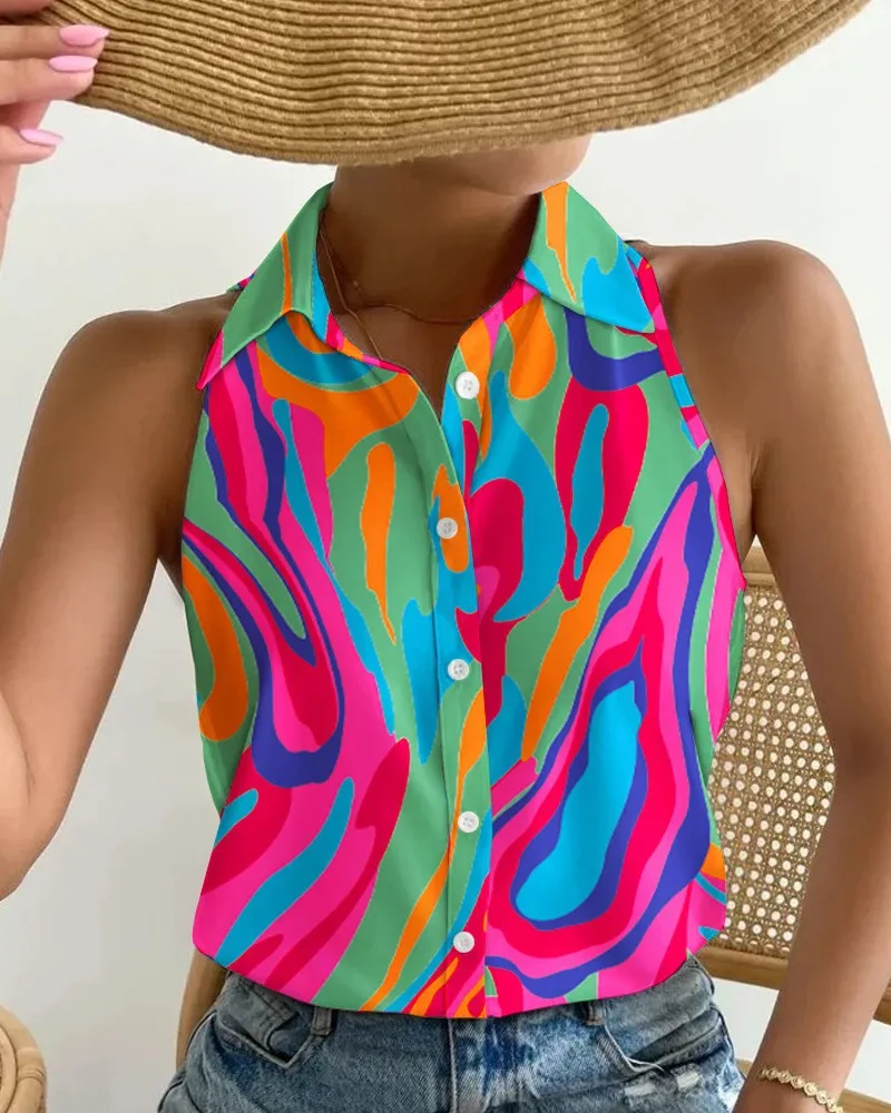 Women Sleeveless Halter Neck Button Down Blouse With Vibrant Swirl Abstract Print Perfect For Summer Beach Vacations Casual Outi