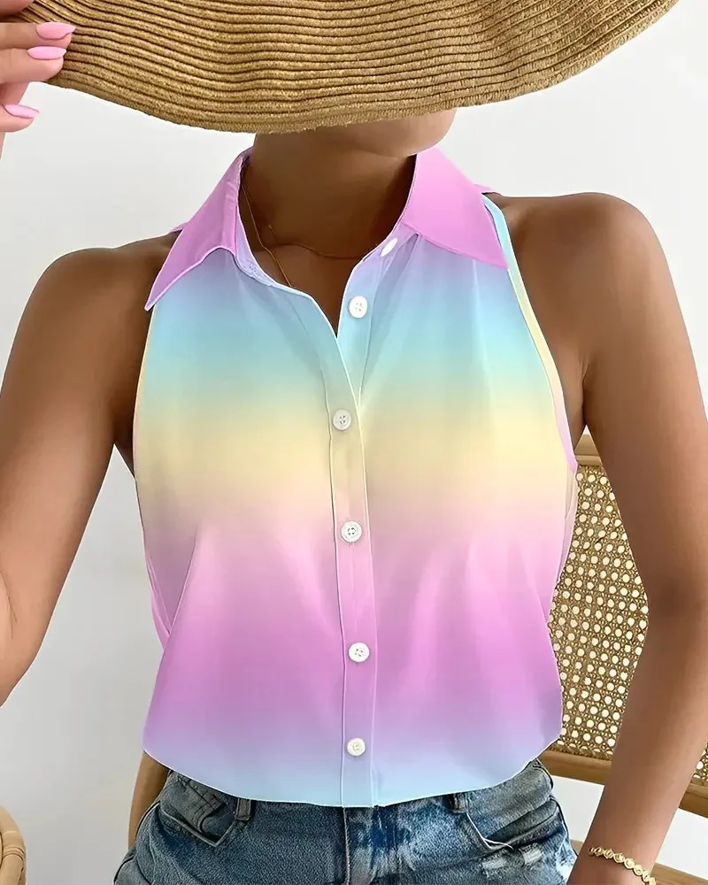 Women Sleeveless Halter Neck Button Down Blouse With Vibrant Swirl Abstract Print Perfect For Summer Beach Vacations Casual Outi