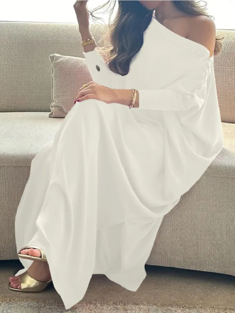2026 Spring Vintage Robe Dress Women Oversize Long Sleeve Buttoned Maxi Dress Elegant Evening Banquet Gown