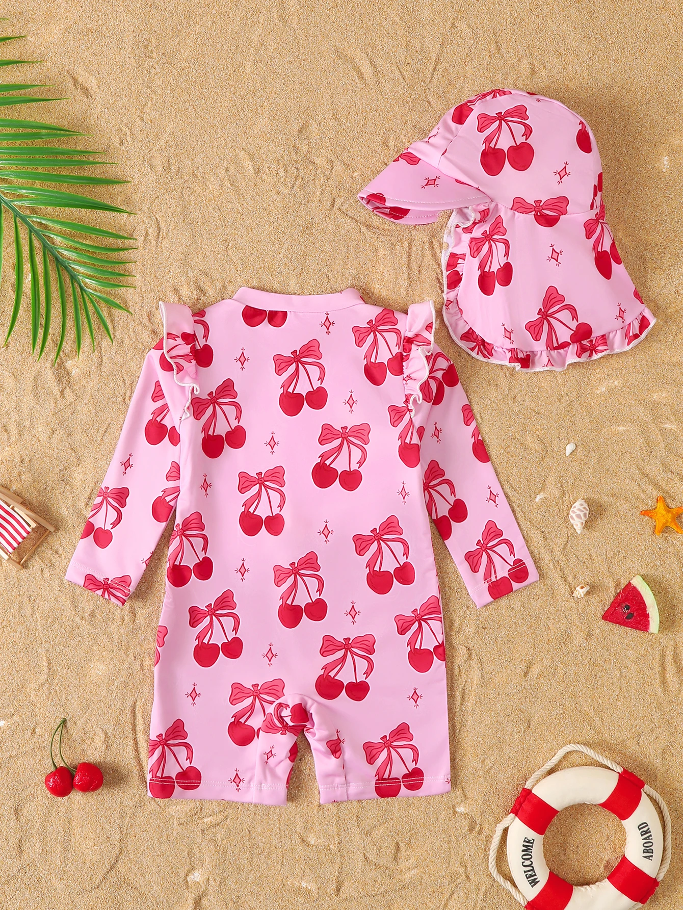 Baby Girl Summer Cherry Print Long Sleeve Onesie Swimsuit with Hat Infant Swimwear Protection And Style in One Piece
