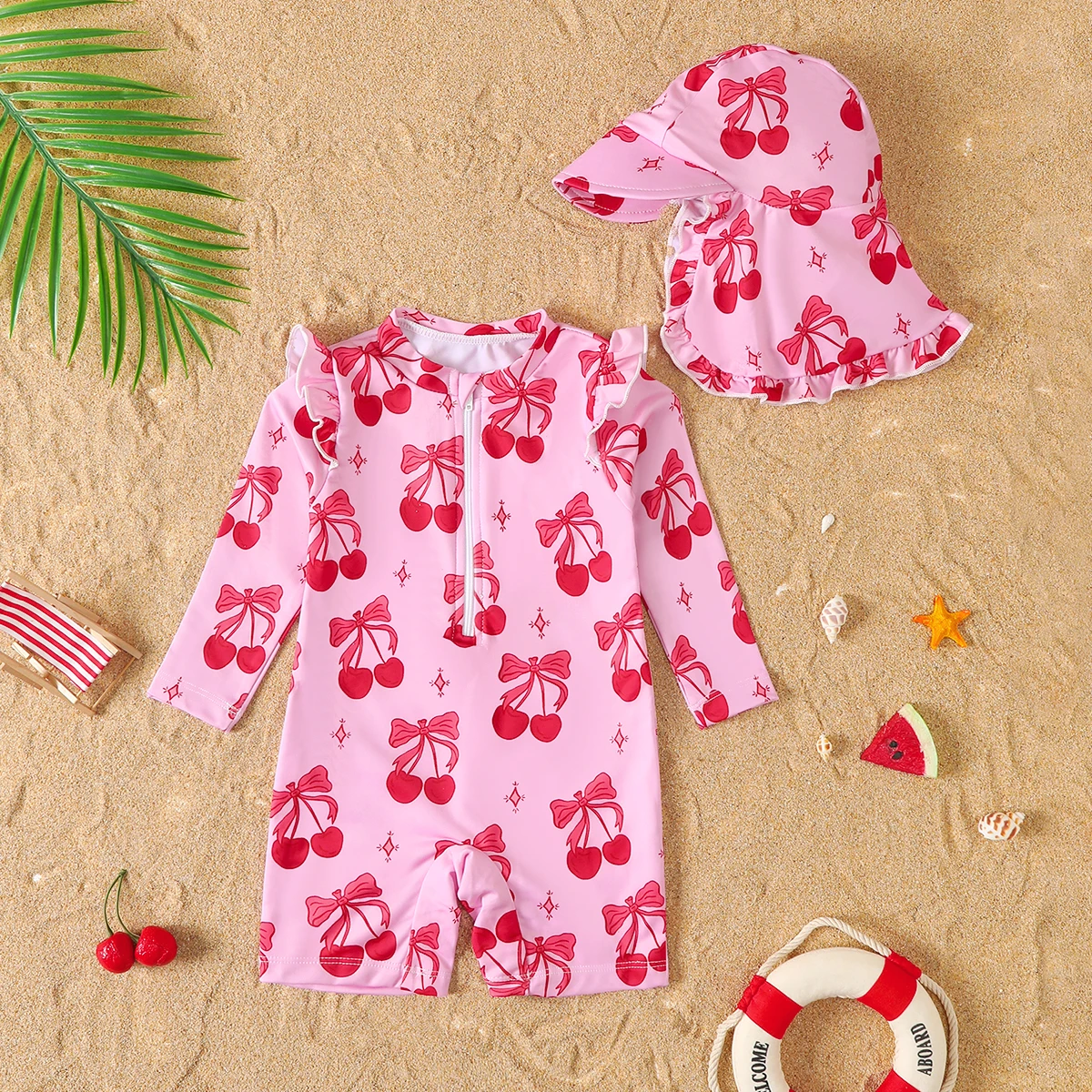 Baby Girl Summer Cherry Print Long Sleeve Onesie Swimsuit with Hat Infant Swimwear Protection And Style in One Piece