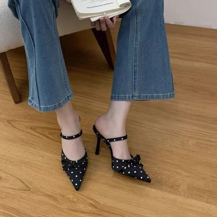 2026 Fashion New French Polka Dot Pointed Toe Baotou Sandals Women's Stiletto High-end Women's Sandals