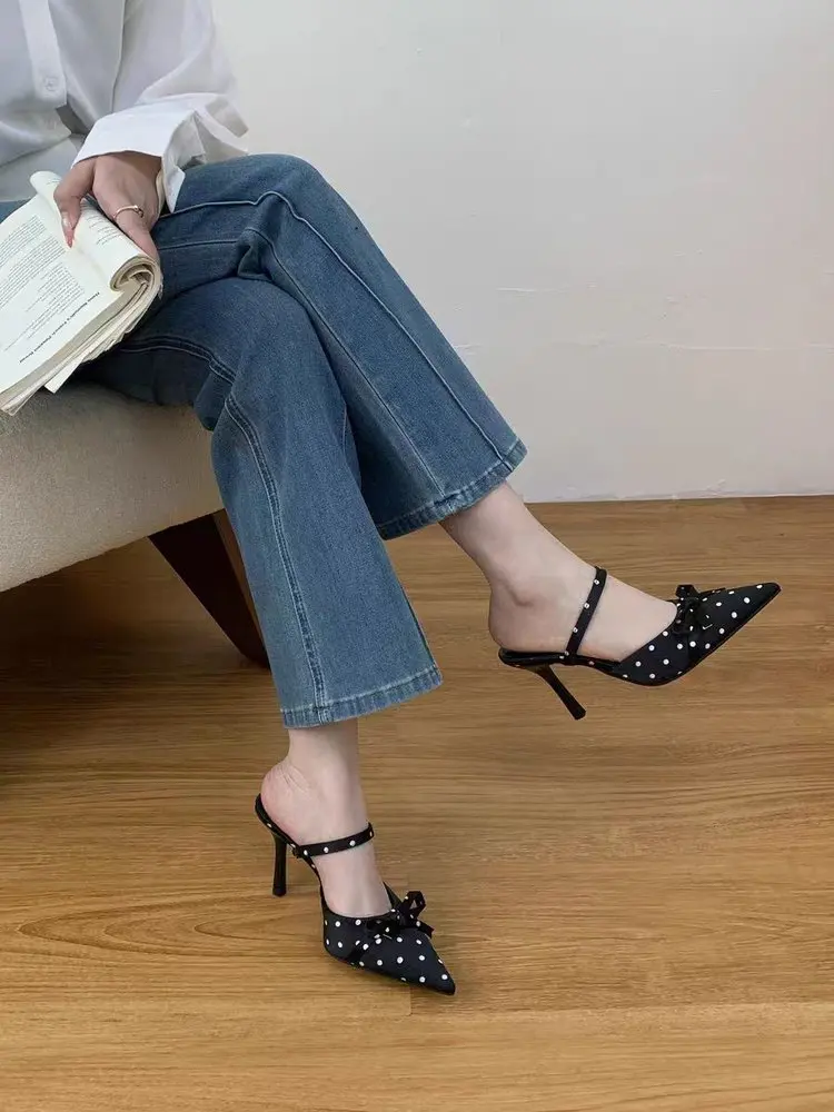 2026 Fashion New French Polka Dot Pointed Toe Baotou Sandals Women's Stiletto High-end Women's Sandals