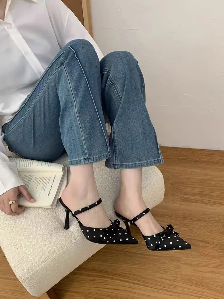2026 Fashion New French Polka Dot Pointed Toe Baotou Sandals Women's Stiletto High-end Women's Sandals
