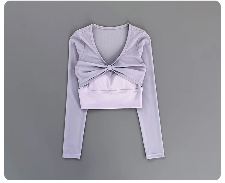 Women Deep V Mesh Long Sleeve Crop Yoga Top Front Twist Knot Slim Soft Breathable Running Fitness Workout Sports Long Sleeve Tee