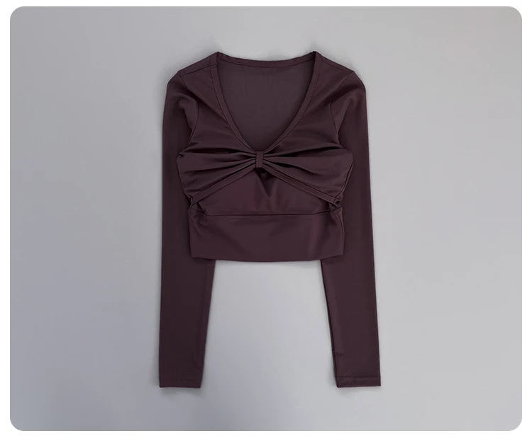 Women Deep V Mesh Long Sleeve Crop Yoga Top Front Twist Knot Slim Soft Breathable Running Fitness Workout Sports Long Sleeve Tee