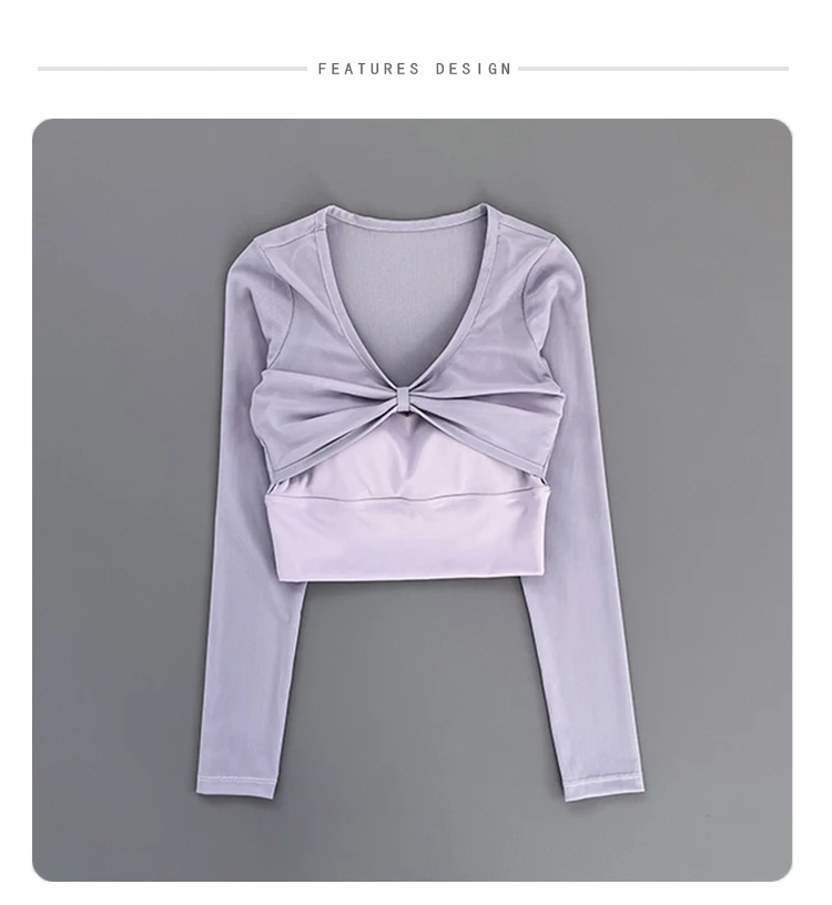 Women Deep V Mesh Long Sleeve Crop Yoga Top Front Twist Knot Slim Soft Breathable Running Fitness Workout Sports Long Sleeve Tee