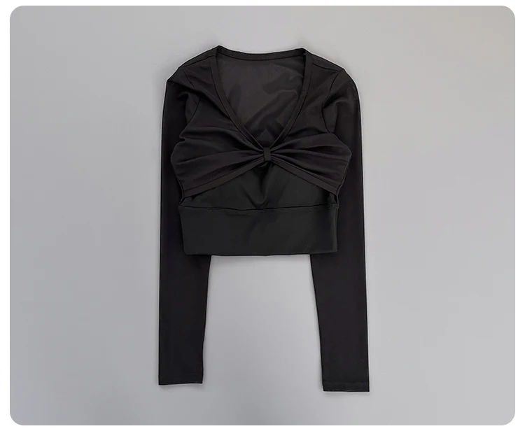 Women Deep V Mesh Long Sleeve Crop Yoga Top Front Twist Knot Slim Soft Breathable Running Fitness Workout Sports Long Sleeve Tee