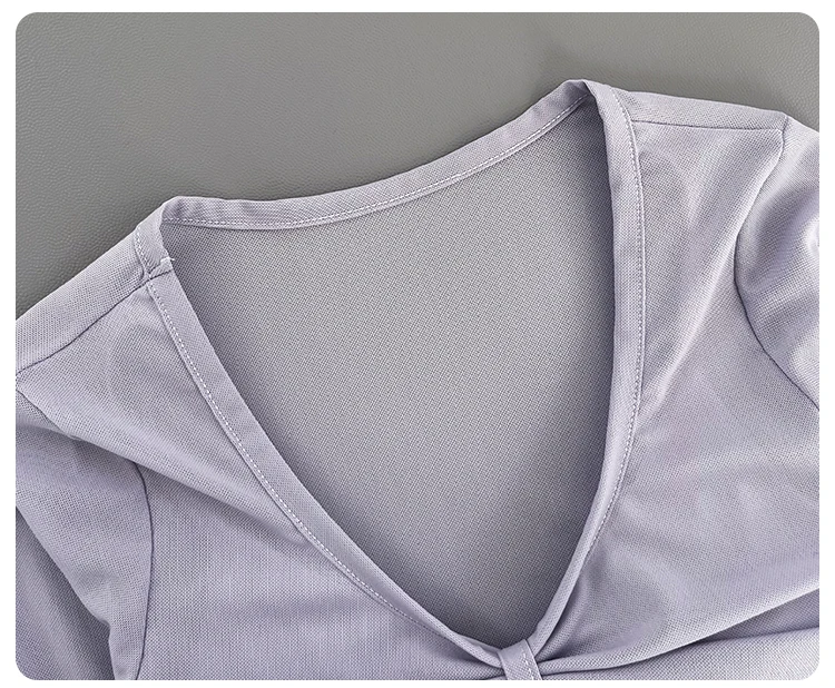 Women Deep V Mesh Long Sleeve Crop Yoga Top Front Twist Knot Slim Soft Breathable Running Fitness Workout Sports Long Sleeve Tee