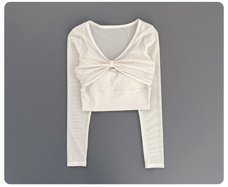 Women Deep V Mesh Long Sleeve Crop Yoga Top Front Twist Knot Slim Soft Breathable Running Fitness Workout Sports Long Sleeve Tee