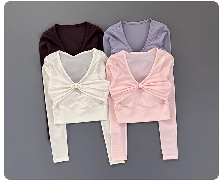 Women Deep V Mesh Long Sleeve Crop Yoga Top Front Twist Knot Slim Soft Breathable Running Fitness Workout Sports Long Sleeve Tee