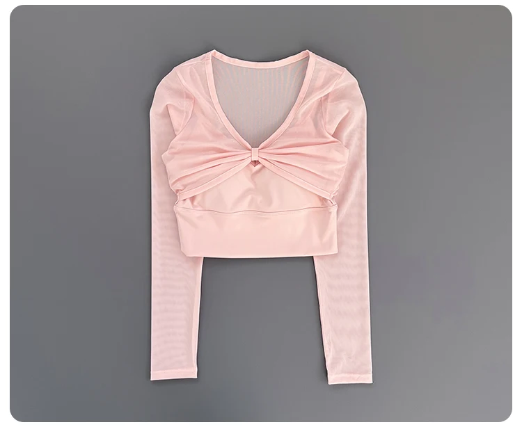 Women Deep V Mesh Long Sleeve Crop Yoga Top Front Twist Knot Slim Soft Breathable Running Fitness Workout Sports Long Sleeve Tee