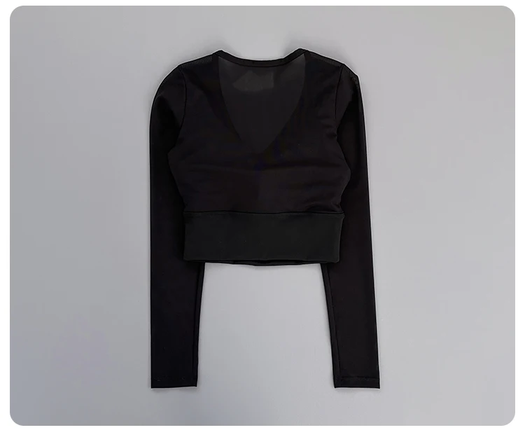 Women Deep V Mesh Long Sleeve Crop Yoga Top Front Twist Knot Slim Soft Breathable Running Fitness Workout Sports Long Sleeve Tee