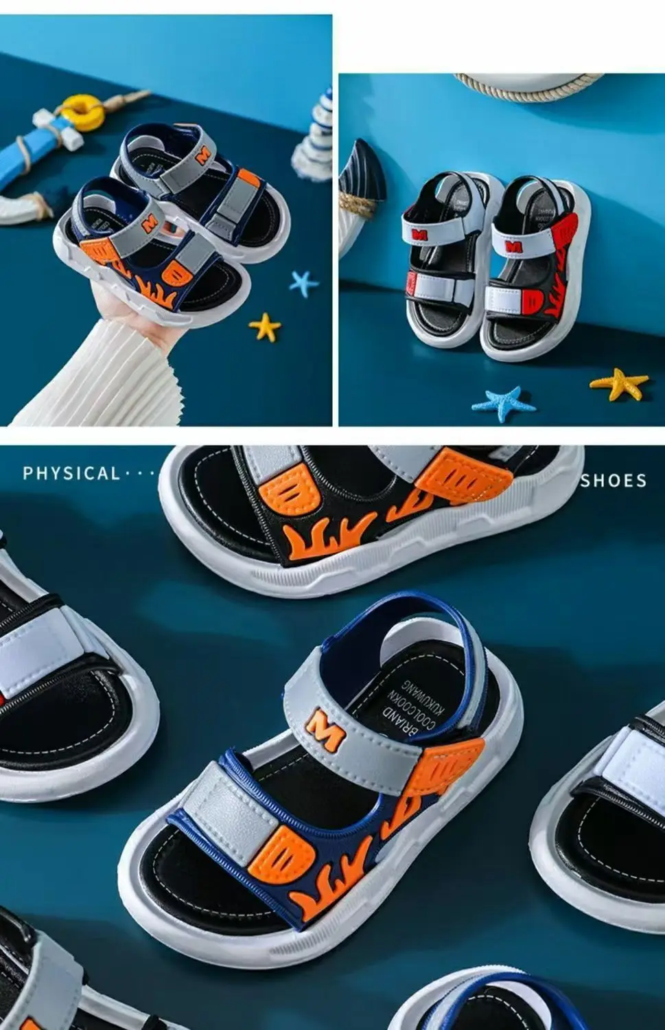 2026 Summer Korean Style Kids Sandals Non-slip Soft Sole Adjustable Hook Loop Beach Shoes For Boys Girls