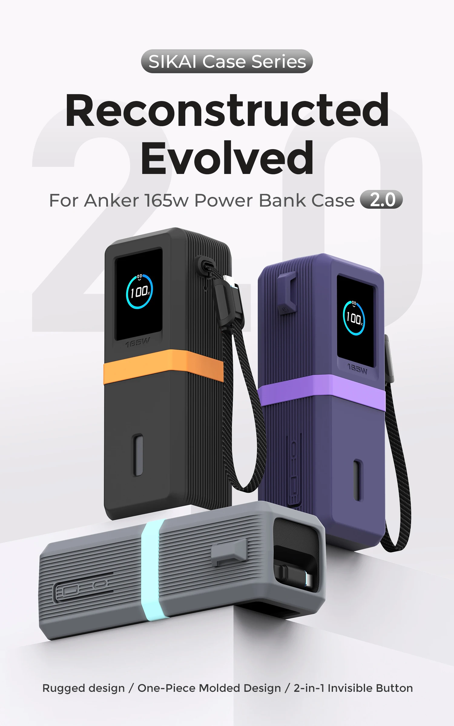 SIKAI Silicone Power Bank Case for Anker Zolo 165W (25000mAh) PowerBank Shockproof Cover with Cable Organizer Ring Lanyard Hole