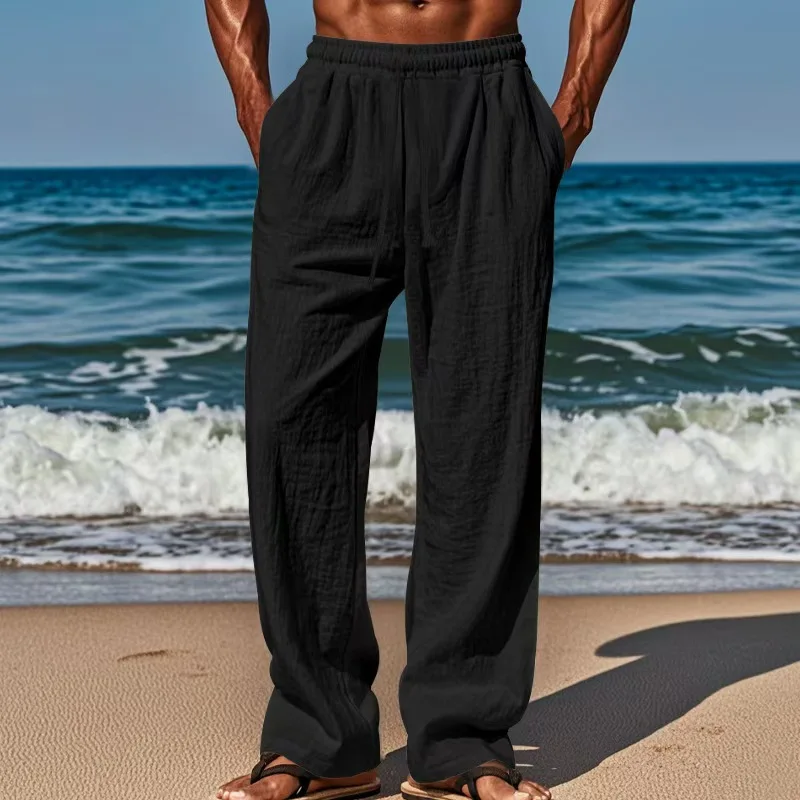 New summer men's breathable pure cotton and linen loose-fitting casual comfortable sports linen long straight pants