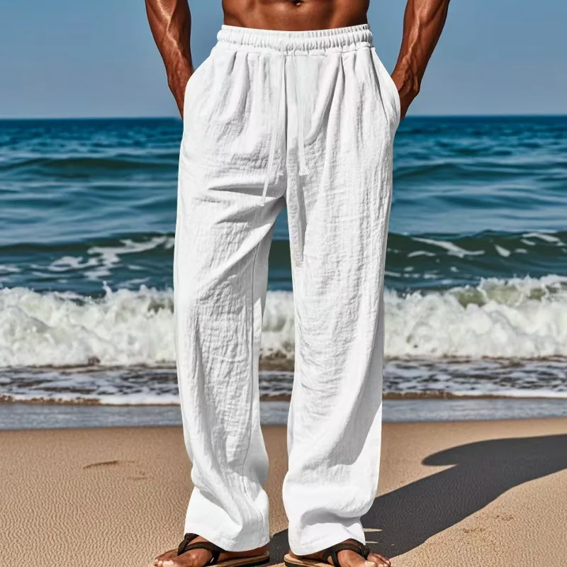 New summer men's breathable pure cotton and linen loose-fitting casual comfortable sports linen long straight pants