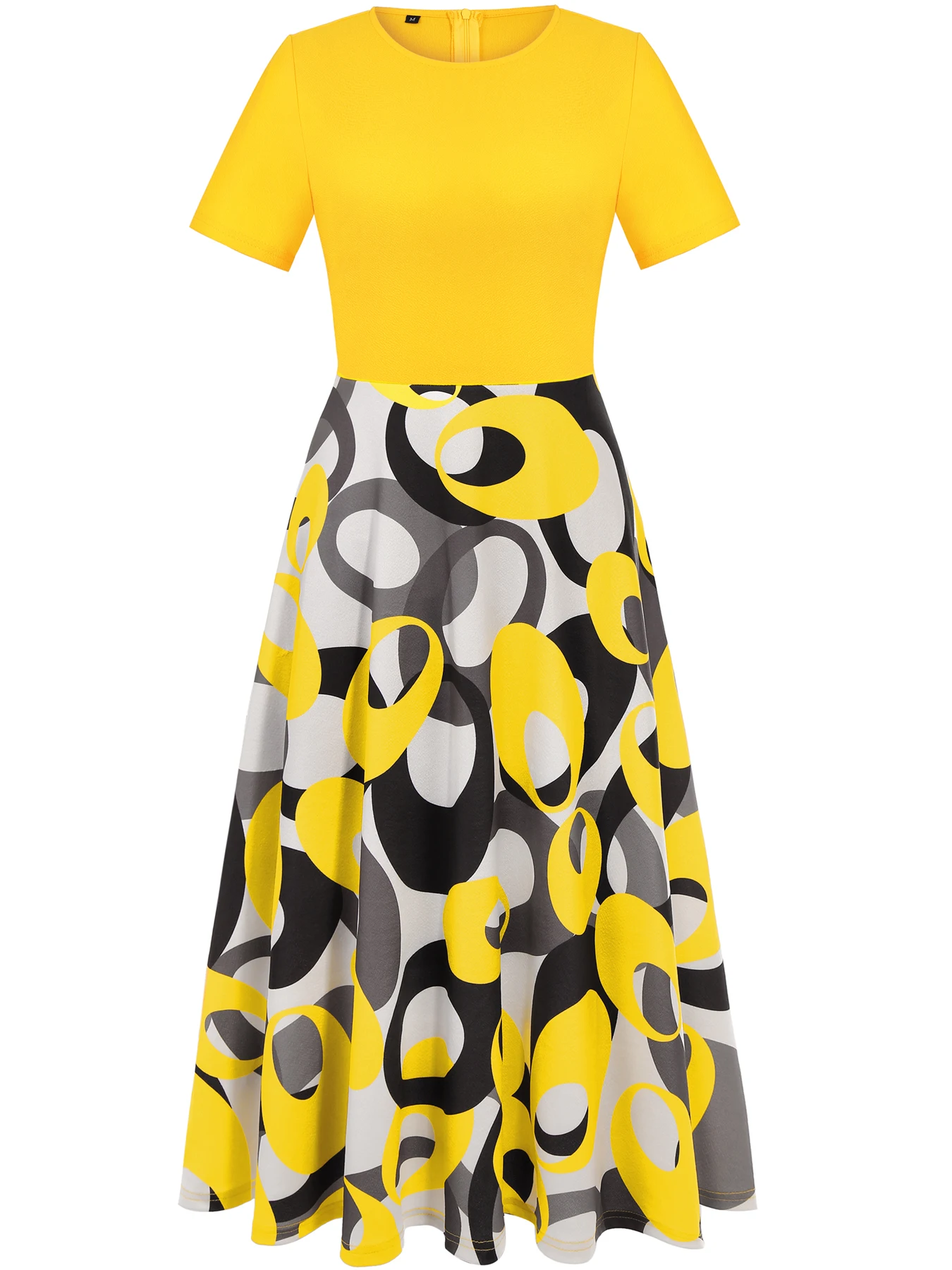 Womens Summer Short Sleeve Floral Crew Neck Patchwork Elegant Yellow A-Line Casual Party Maxi Fit And Flare Swing Long Dress