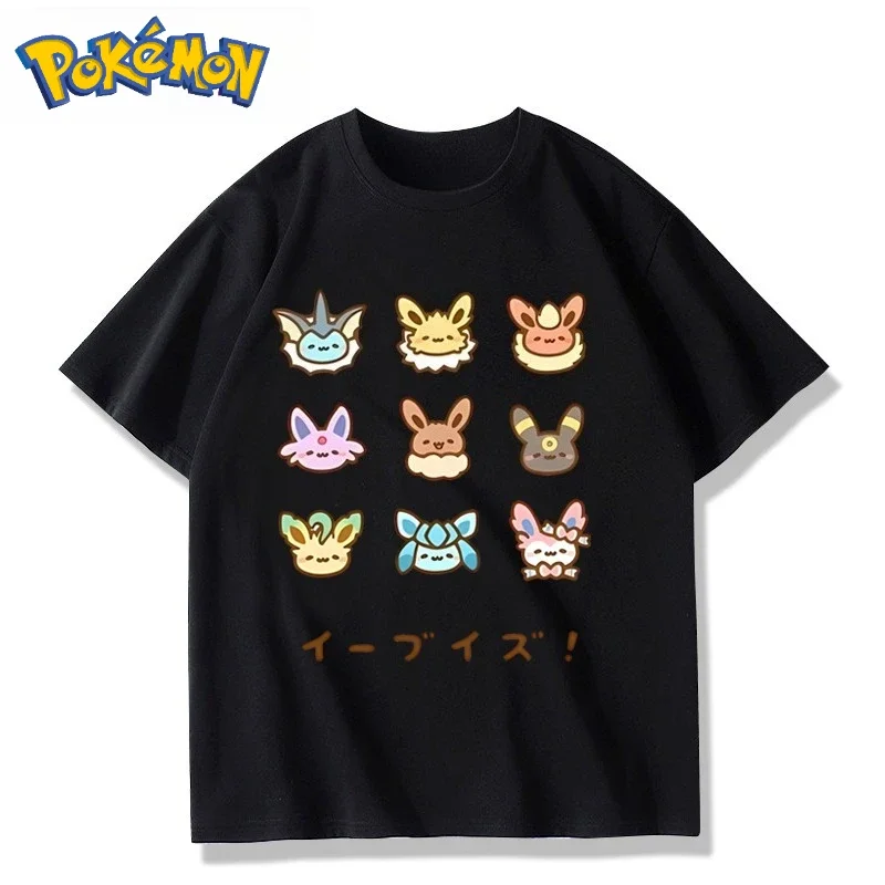 Pokémon Game Q Edition Eeveelution Printed T-Shirt Men's and Women's Summer New Y2K Harajuku Loose Casual Trend Short Sleeve Top