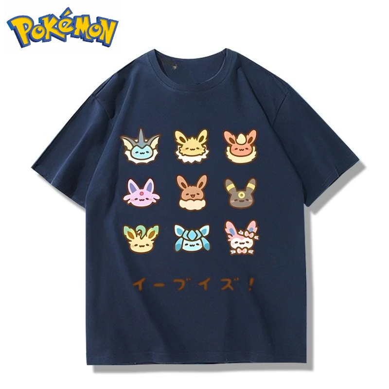 Pokémon Game Q Edition Eeveelution Printed T-Shirt Men's and Women's Summer New Y2K Harajuku Loose Casual Trend Short Sleeve Top