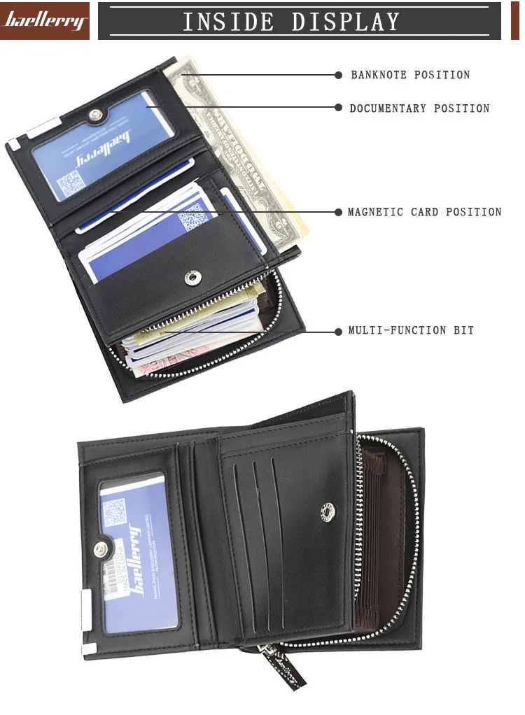Baellerry Men's Slim Short Wallet with Card Clips Zipper Closure Multi-Card Slots PU Leather Large Capacity for Daily Use
