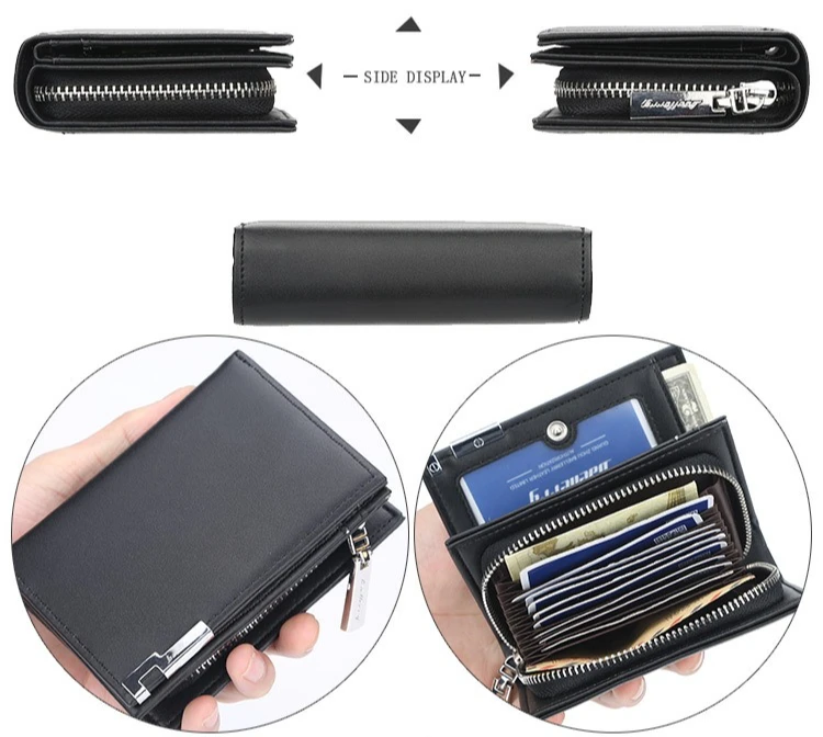 Baellerry Men's Slim Short Wallet with Card Clips Zipper Closure Multi-Card Slots PU Leather Large Capacity for Daily Use