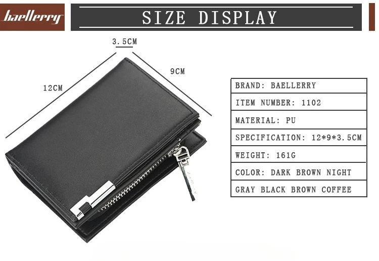 Baellerry Men's Slim Short Wallet with Card Clips Zipper Closure Multi-Card Slots PU Leather Large Capacity for Daily Use