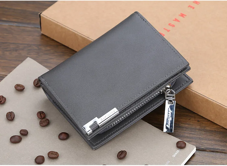 Baellerry Men's Slim Short Wallet with Card Clips Zipper Closure Multi-Card Slots PU Leather Large Capacity for Daily Use