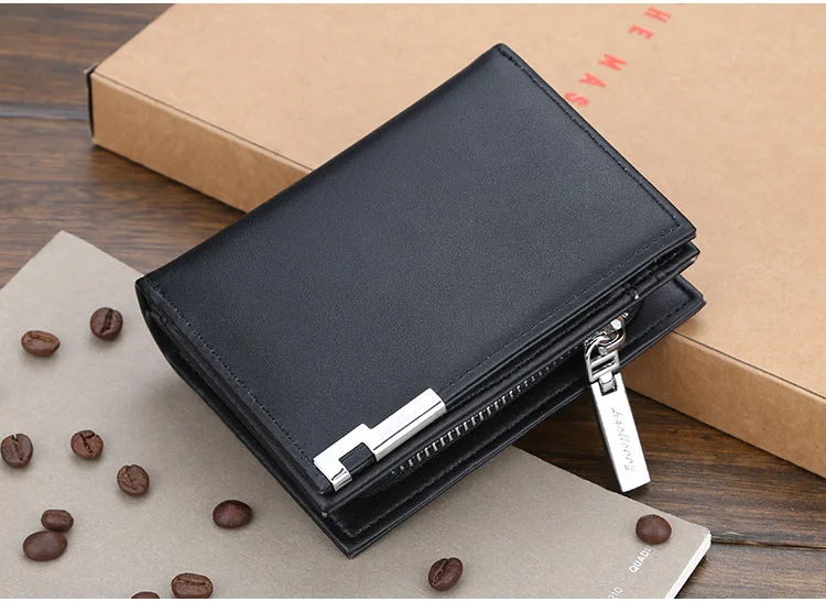 Baellerry Men's Slim Short Wallet with Card Clips Zipper Closure Multi-Card Slots PU Leather Large Capacity for Daily Use