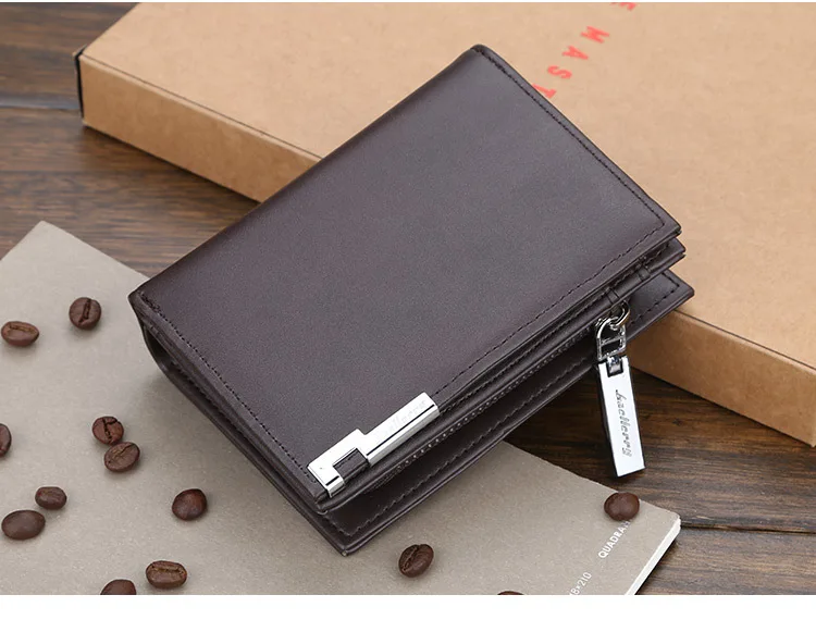 Baellerry Men's Slim Short Wallet with Card Clips Zipper Closure Multi-Card Slots PU Leather Large Capacity for Daily Use